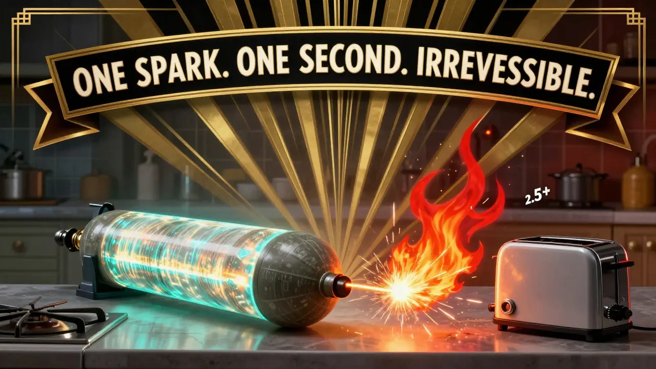 Bombola d'ossigeno in pericolo con scintilla da tostapane e fiamma stilizzata in stile Art Deco.