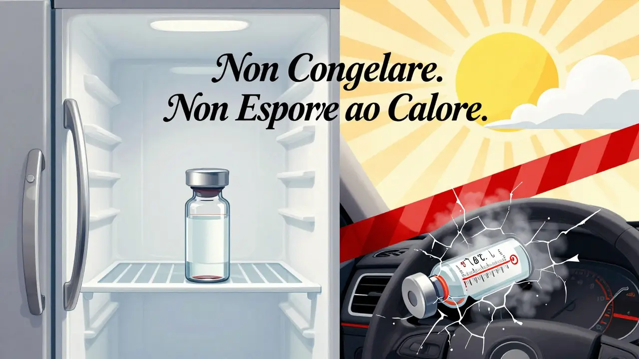 Bottiglia di insulina intatta in frigorifero vs. rovinata in auto al sole, in stile pubblicità Art Deco.