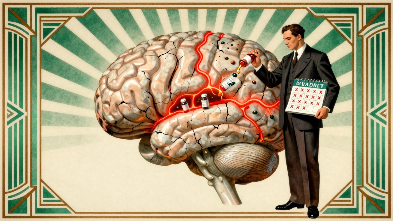 Cervello incrinato con pillole che versano dolore, stile Art Deco.
