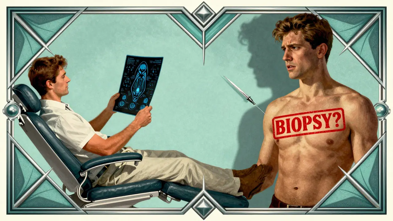 Comparsa divisa tra MRI tranquilla e biopsia minacciosa, stile Art Deco con contrasto di luce e ombra.