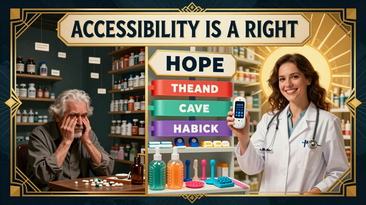 Confronto tra una farmacia caotica e una accessibile: a sinistra, etichette illeggibili; a destra, colori vivaci, nastri e strumenti tattili, in stile Art Deco.