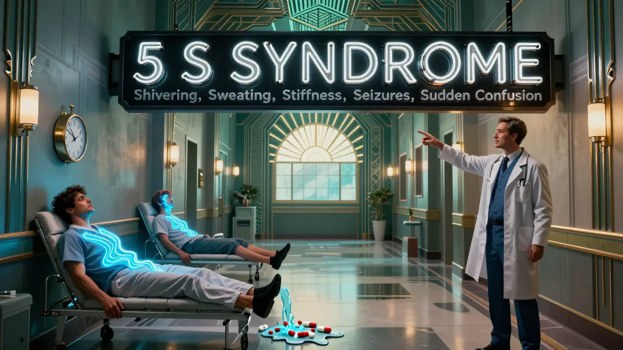 Corridoio ospedaliero con pazienti che brillano di serotonina e un cartello neon con i 5 sintomi.