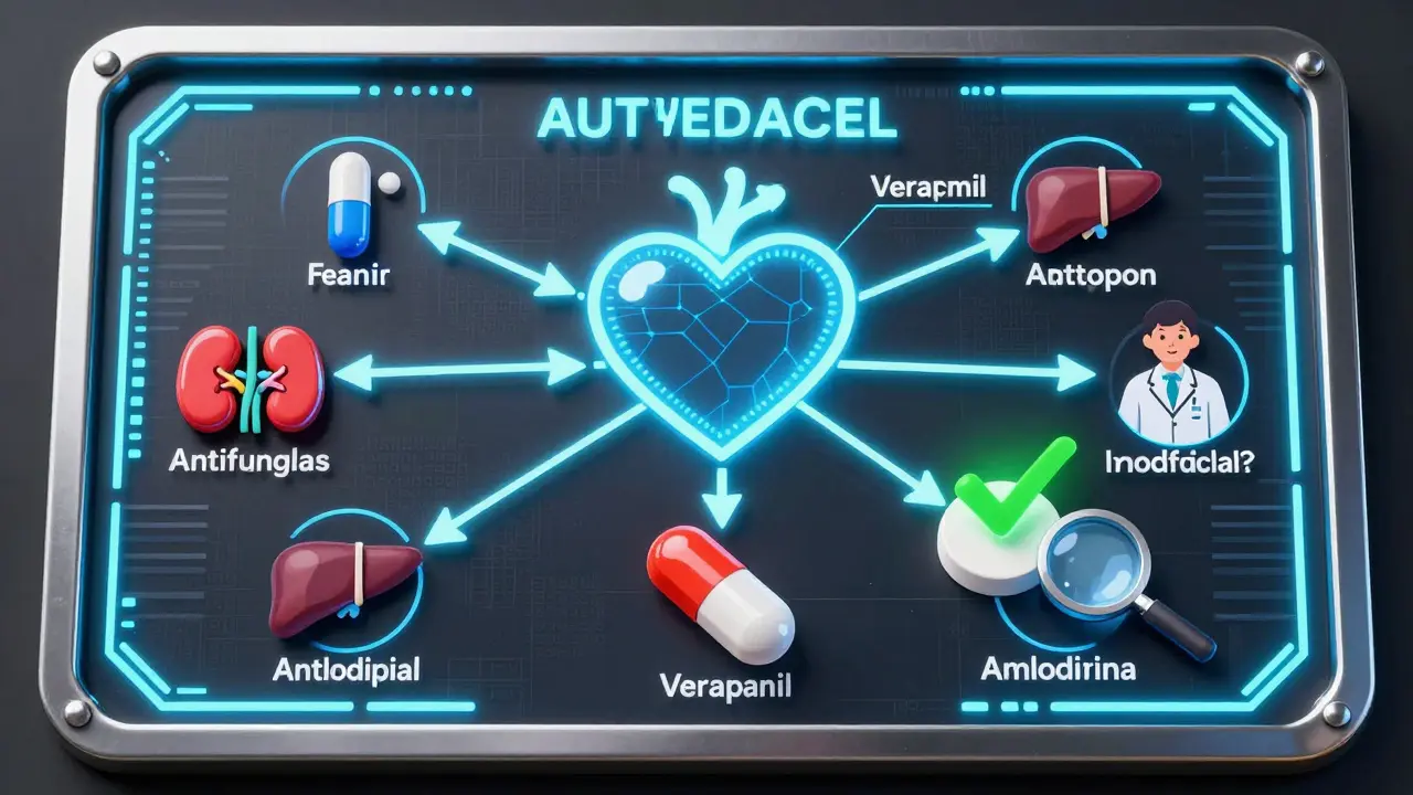 Cruscotto medico Art Deco con interazioni farmacologiche e amlodipina come scelta sicura.