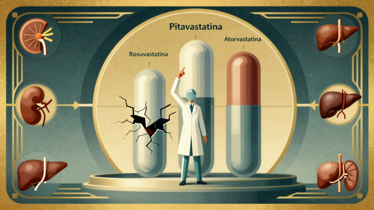 Diagramma geometrico in stile Art Deco che confronta tre statine, con la pitavastatina come unica stabile.