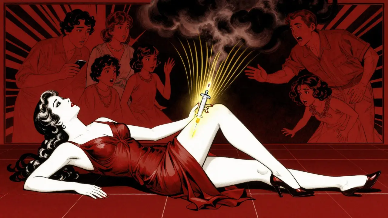 Donna che cade a terra mentre un iniettore automatico spruzza epinefrina, familiari immobili in sfondo con motivi geometrici.