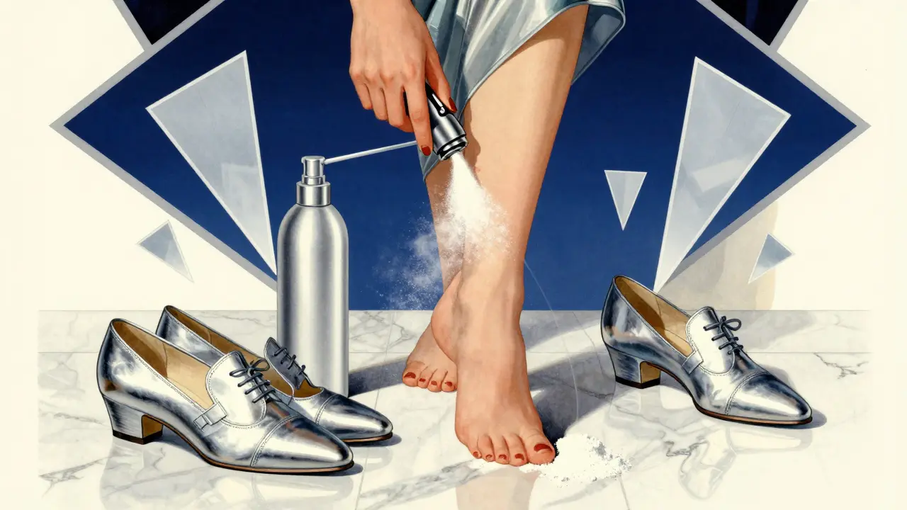 Donna che spruzza un trattamento antifungino su un pavimento di marmo, scarpe ordinate accanto a lei.