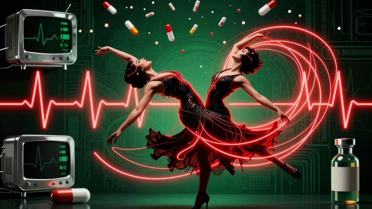 Donna in abito anni '20 che sviene mentre l'ECG si trasforma in un ritmo mortale.