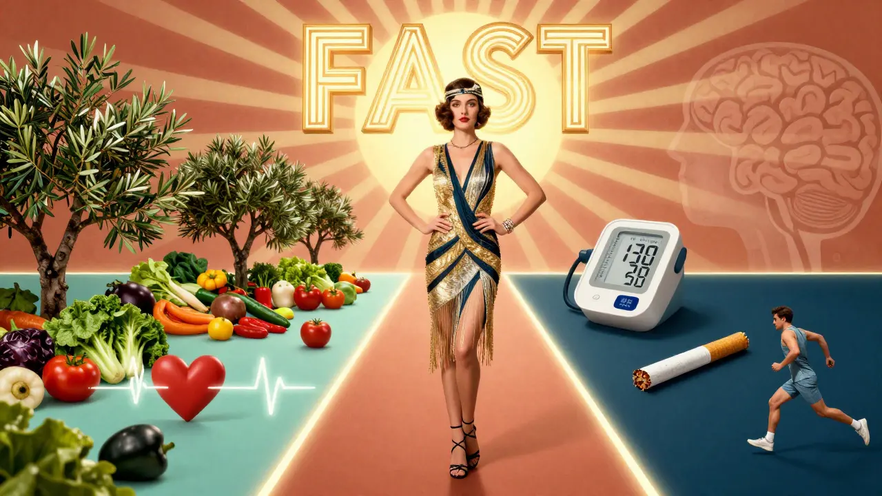 Donna in abito flapper tra due vie di prevenzione: cibo sano ed esercizio contro ipertensione e fumo.