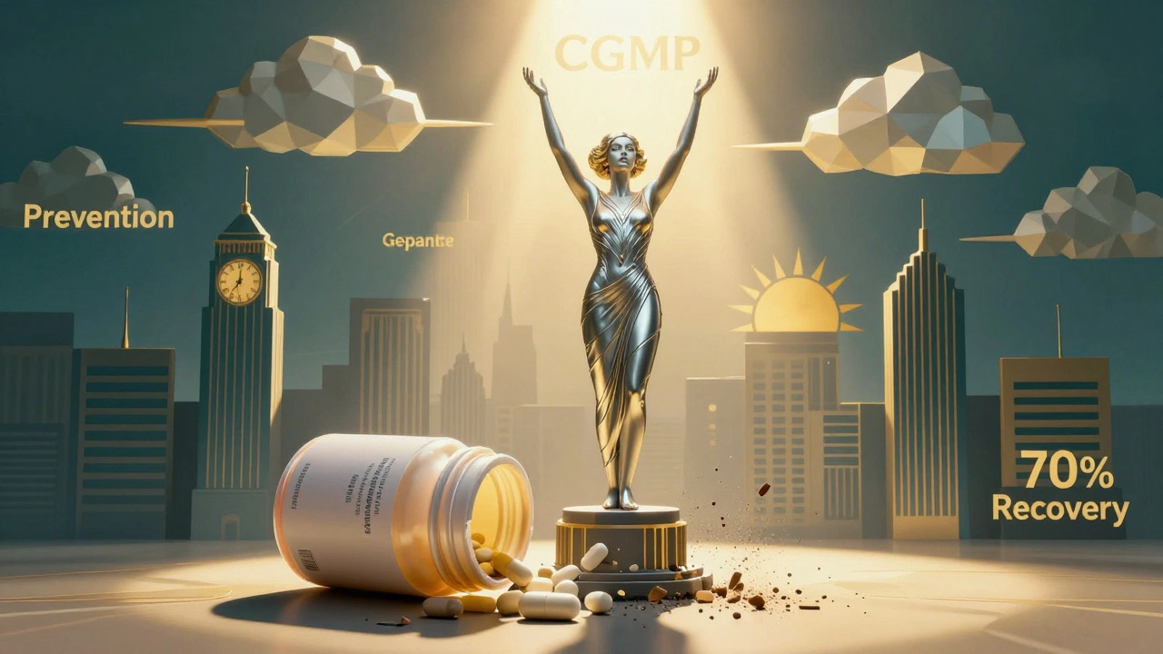 Donna trionfante su pillole rotte, con simboli medici Art Deco.