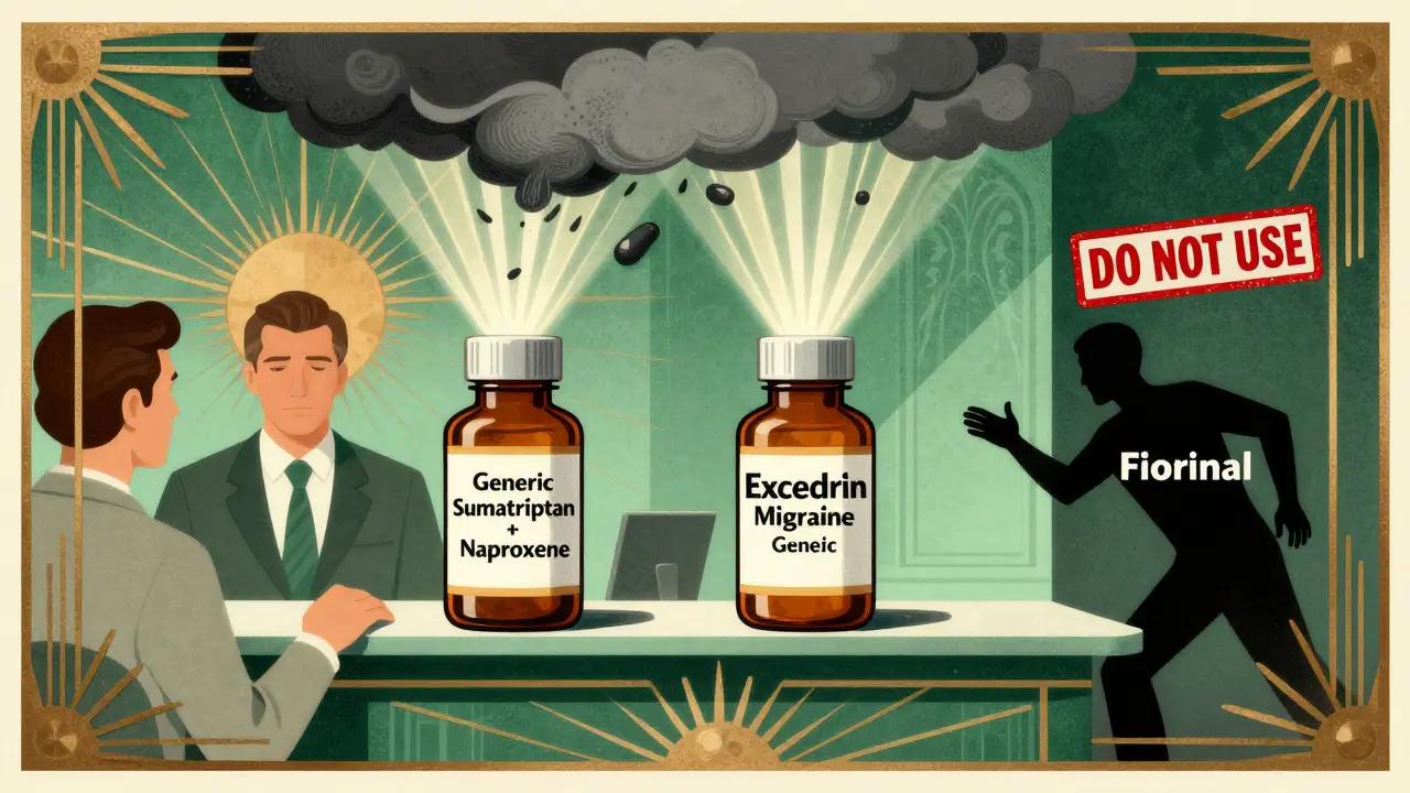 Due bottiglie di generici su un bancone, raggi di luce che dissipano una tempesta, mentre un farmaco pericoloso è scartato in ombra.