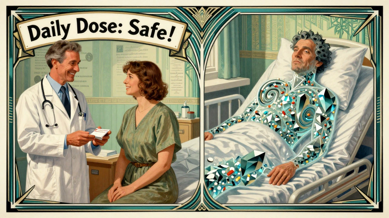 Due scene: un medico che prescrive un farmaco e lo stesso paziente anni dopo con cristalli di farmaci accumulati nel corpo.