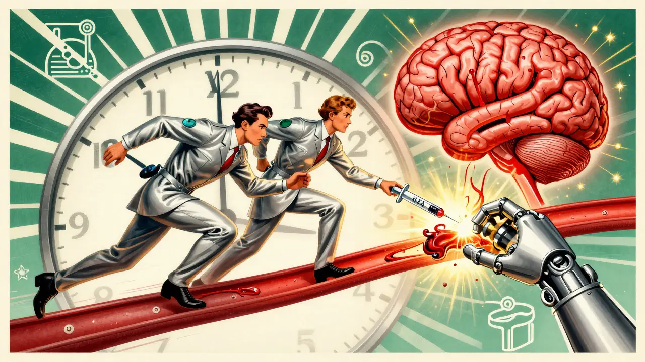 Equipe medica in stile anni '30 che rimuove un coagulo dal cervello con un braccio meccanico.