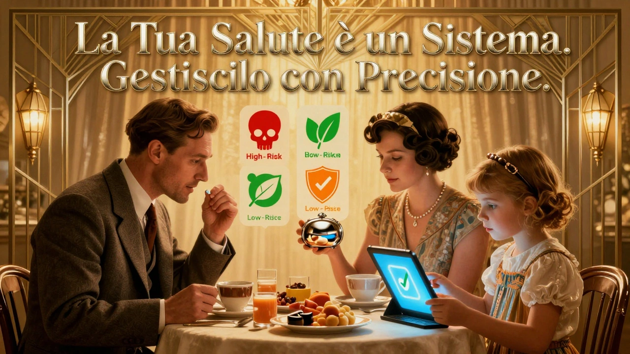 Famiglia al mattino con scatola per pillole e app, icone di rischio in stile Art Deco.