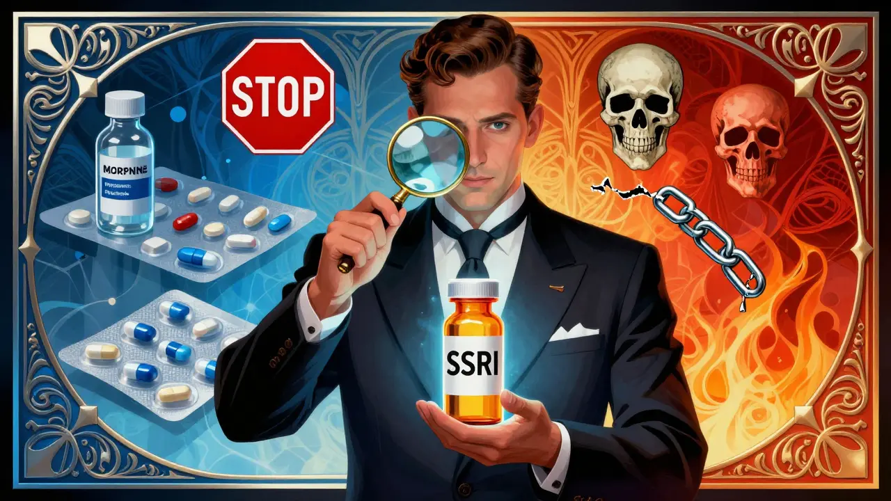 Farmacista che esamina una prescrizione con simboli di avvertimento in stile Art Deco.