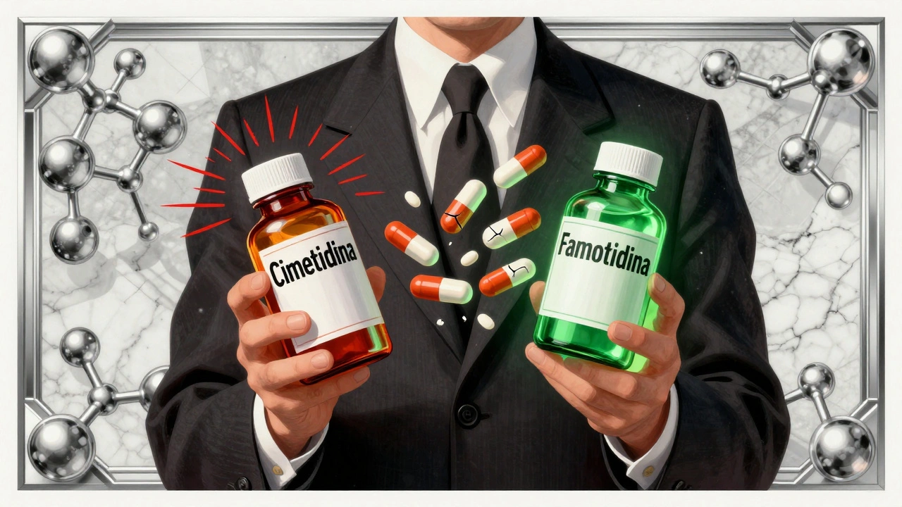 Farmacista che tiene due farmaci: cimetidina pericolosa e famotidina sicura, con pillole antifungali che fluttuano intorno.