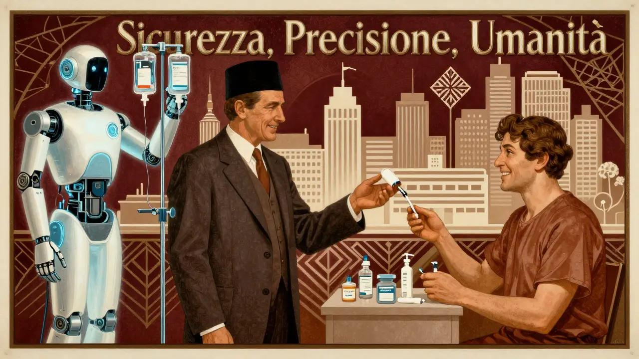 Farmacista e robot collaborano per preparare farmaci in un'ambientazione art déco con elementi geometrici e luce calda.