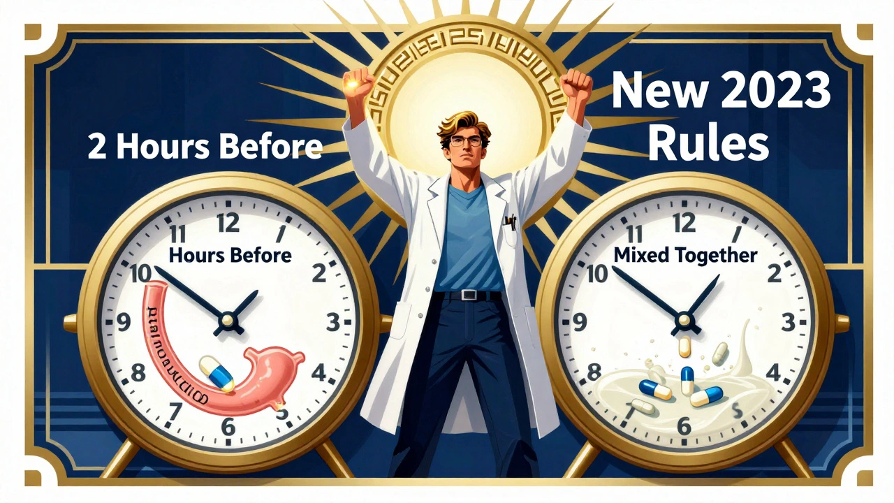 Figura che separa due orologi per l&#039;assunzione corretta di itraconazolo e bloccanti H2, con simboli di sicurezza.