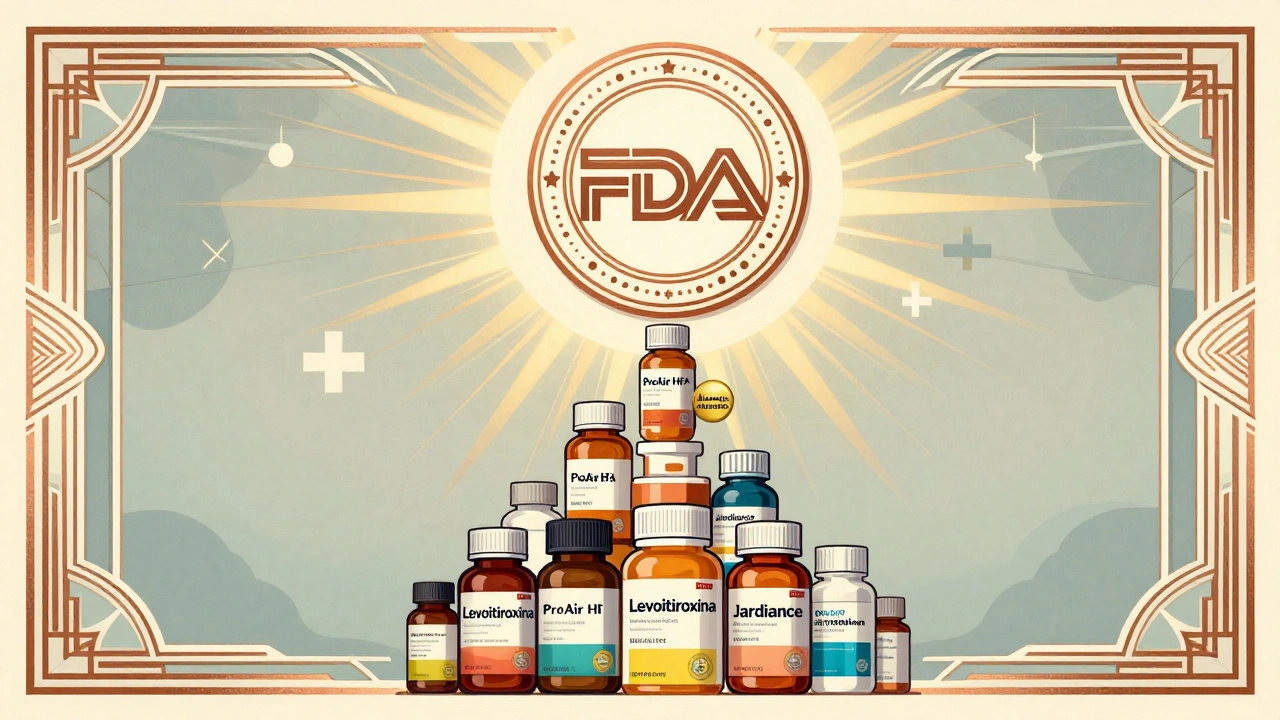 Lista di farmaci con generico autorizzato sotto il sigillo FDA in stile Art Deco.