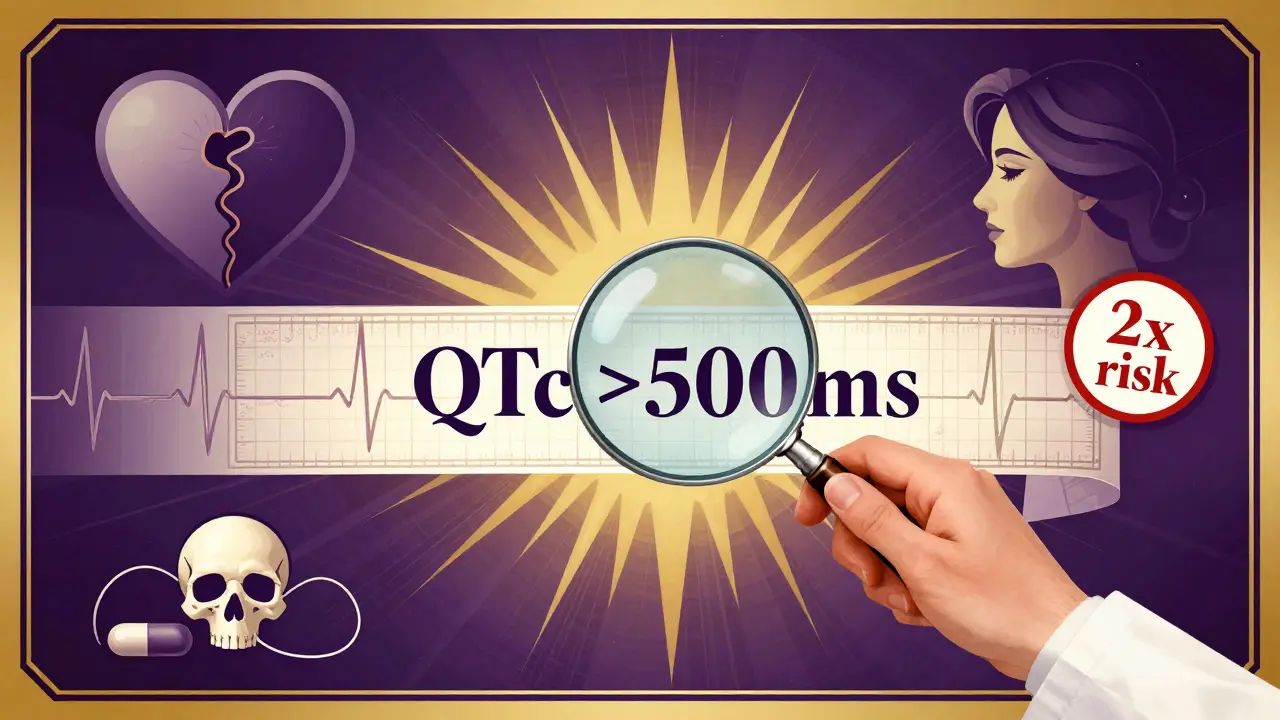 Medico esamina un tracciato ECG con QTc pericolosamente alto in stile pubblicitario vintage.