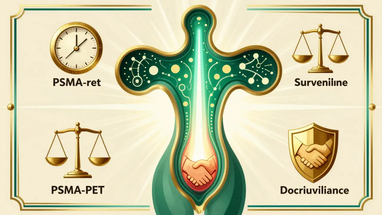 Prostata futuristica con marcatori genetici e tecnologie, stile Art Deco che simboleggia la medicina personalizzata.