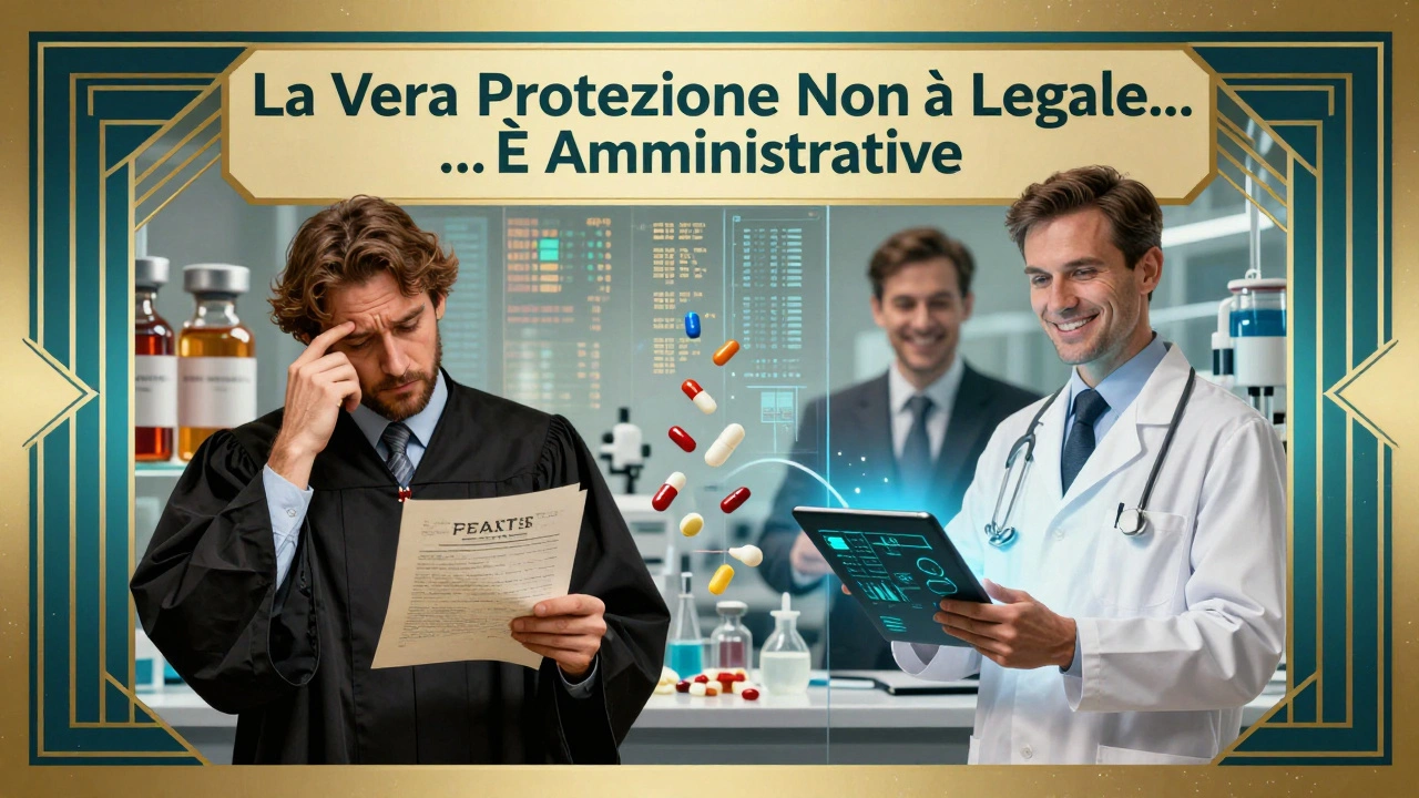 Scena divisa: scienziato con brevetto vs tecnico con dati clinici, stile Art Deco.