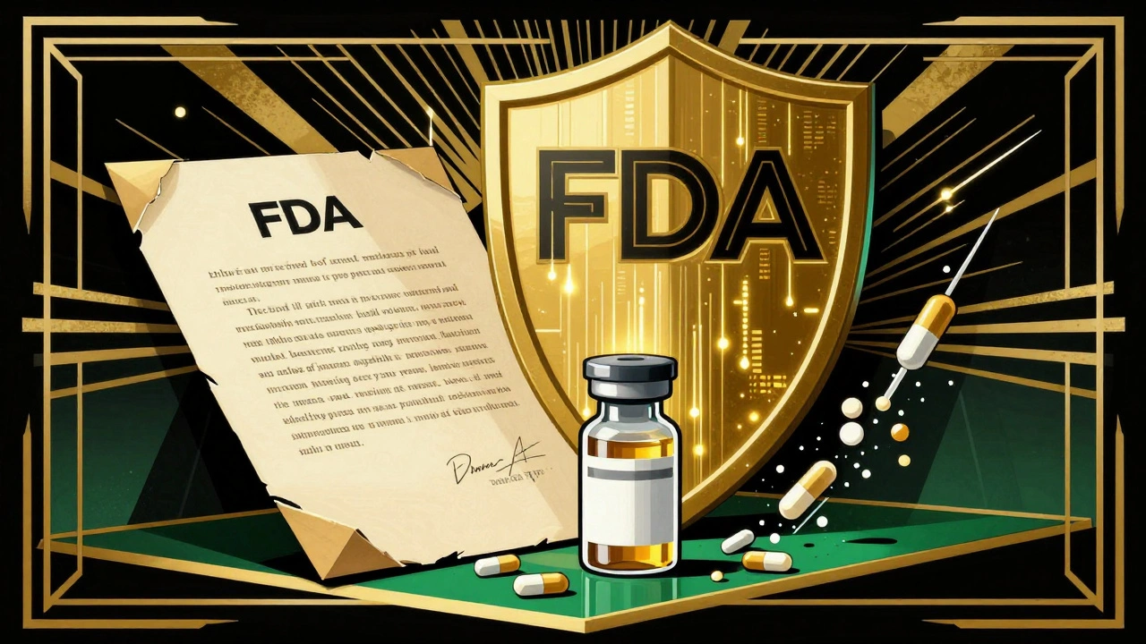 Scudo FDA dorato blocca pillole generiche, mentre un brevetto si sgretola.