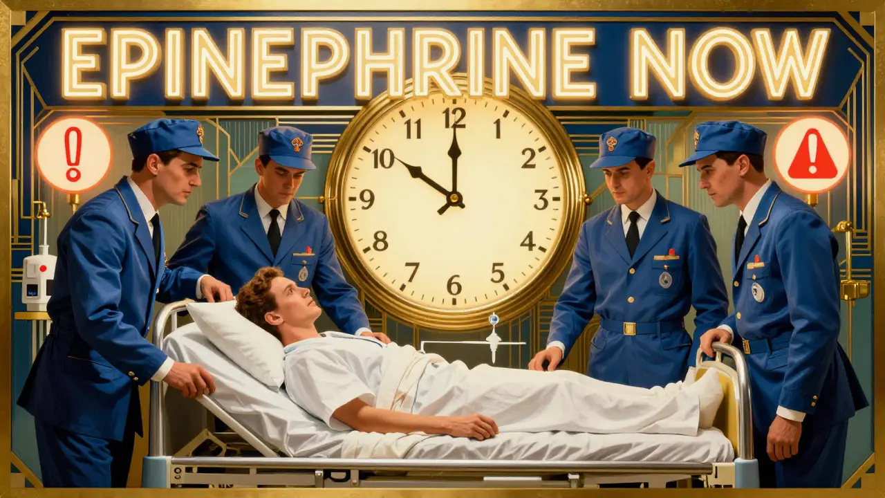 Team medico in stile Art Deco accanto a un paziente in ospedale, un orologio illumina il tempo critico di 5 minuti.