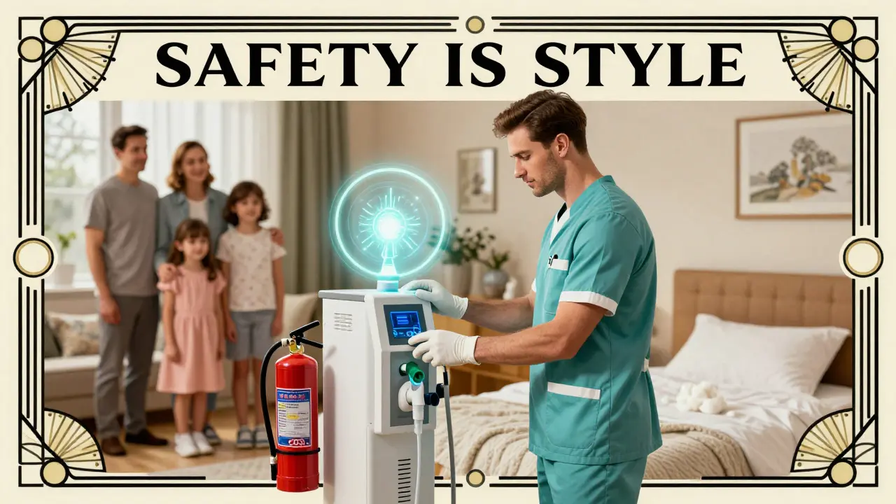 Tecnico che installa un concentratore d'ossigeno con strumenti di sicurezza in stile Art Deco e luce protettiva.