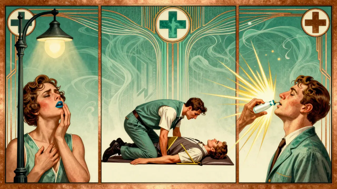 Tre scene in sequenza: sovradosaggio, posizione di sicurezza e somministrazione di naloxone in stile Art Deco.