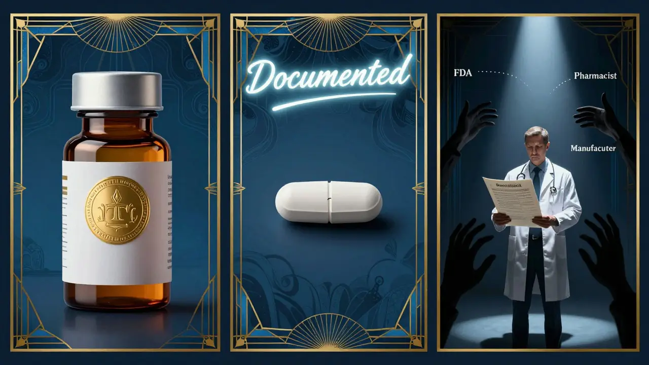 Triptico: farmaco di marca, generico e medico isolato sotto un fascio di luce, stile Art Deco.