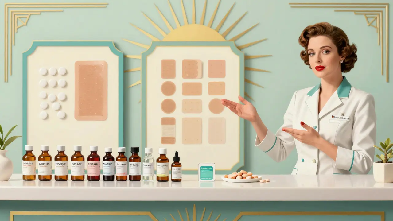 Un banco di farmacia con alternative sicure per la disfagia: film orali, liquidi e cerotti in stile Art Deco.