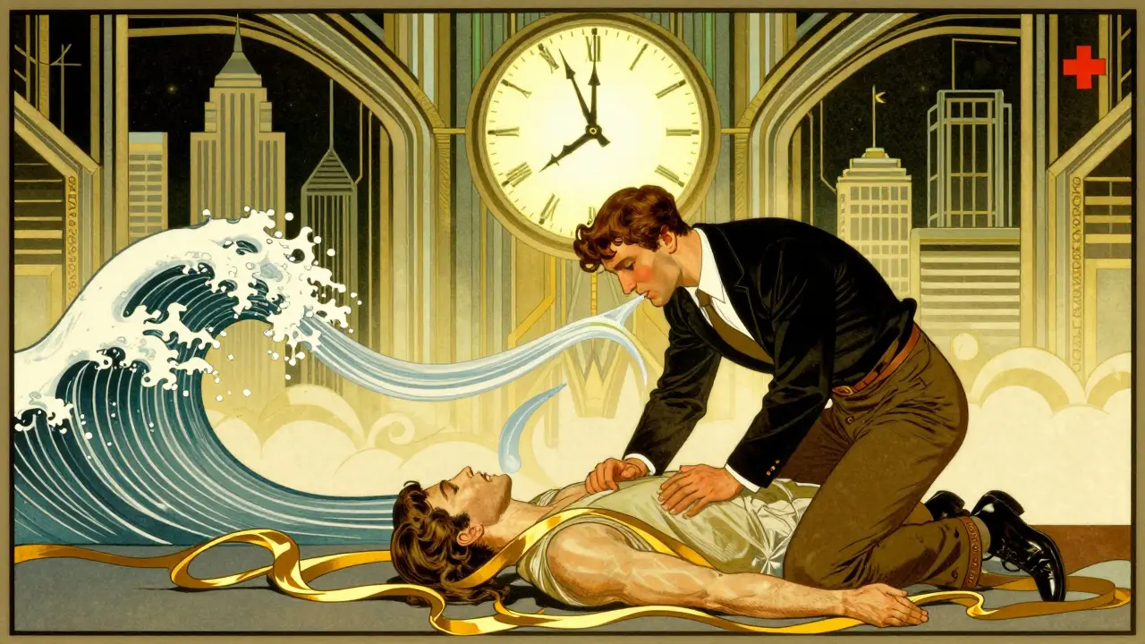 Un soccorritore pratica la respirazione di soccorso su una persona incosciente, con motivi decorativi Art Deco.