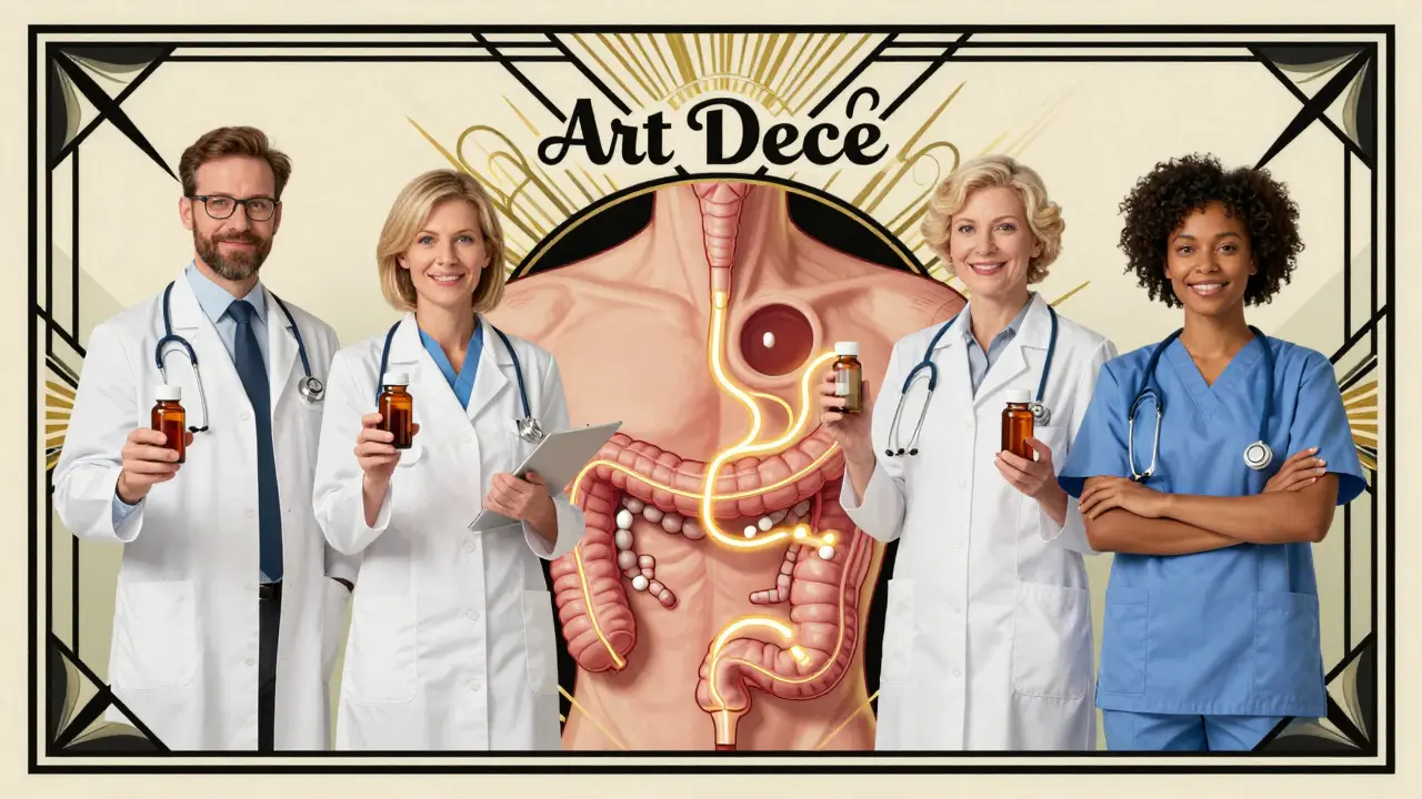 Un team sanitario mostra soluzioni sicure per la deglutizione, con diagramma stilizzato della gola e motivi geometrici.