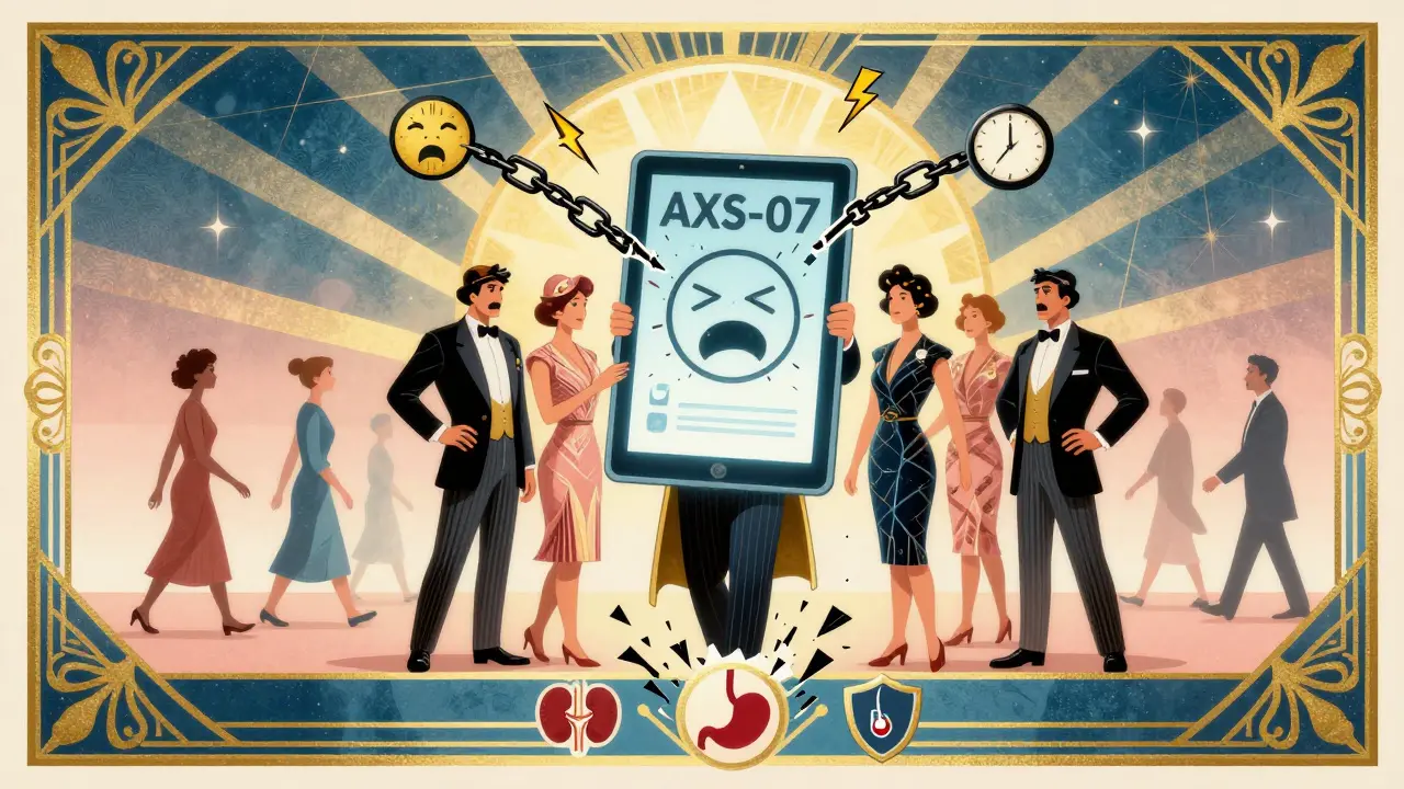 Una compressa rivoluzionaria AXS-07 distrugge simboli di emicrania, pazienti liberi sotto un sole geometrico, scudi di sicurezza spezzati in basso.