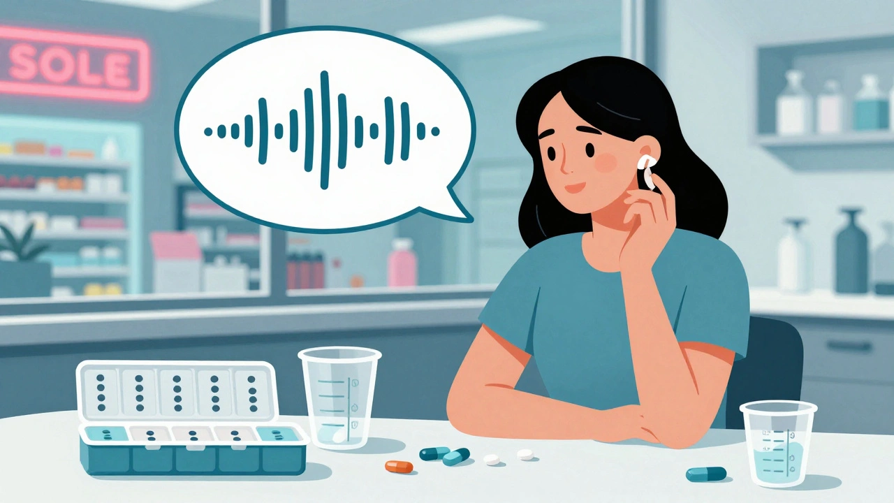 Una donna con apparecchi acustici gestisce farmaci con misurini in rilievo e etichette in braille, mentre onde sonore si trasformano in vibrazioni.