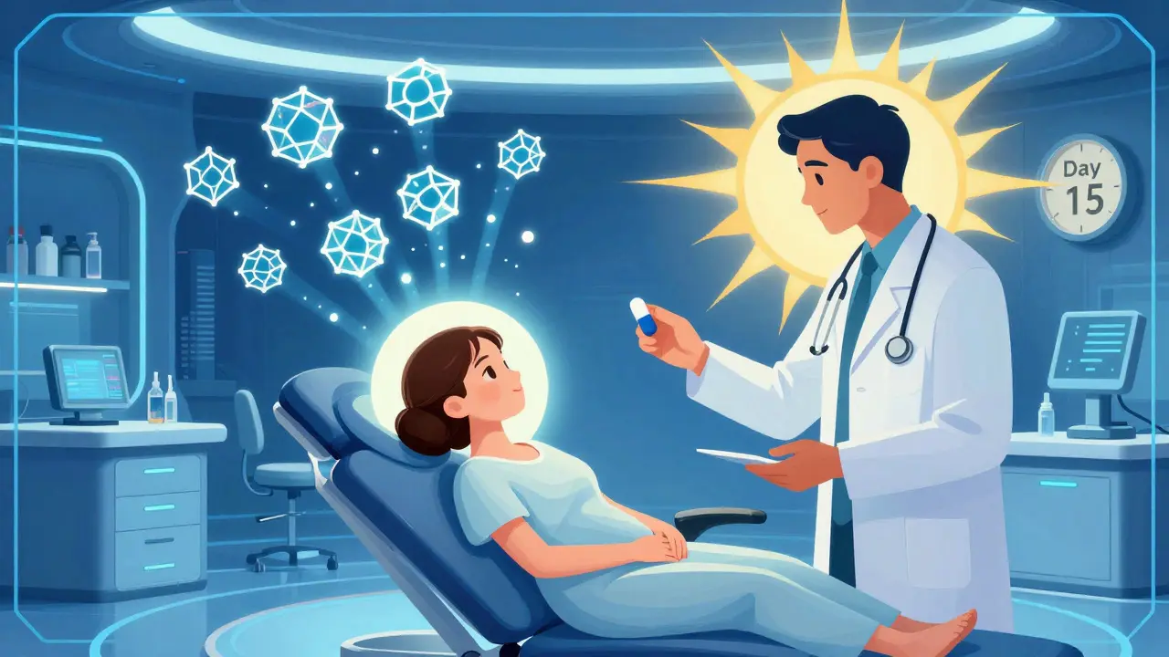 Una nuova madre riceve una pillola in una clinica luminosa, con un'aura di calma e motivi geometrici intorno a lei.