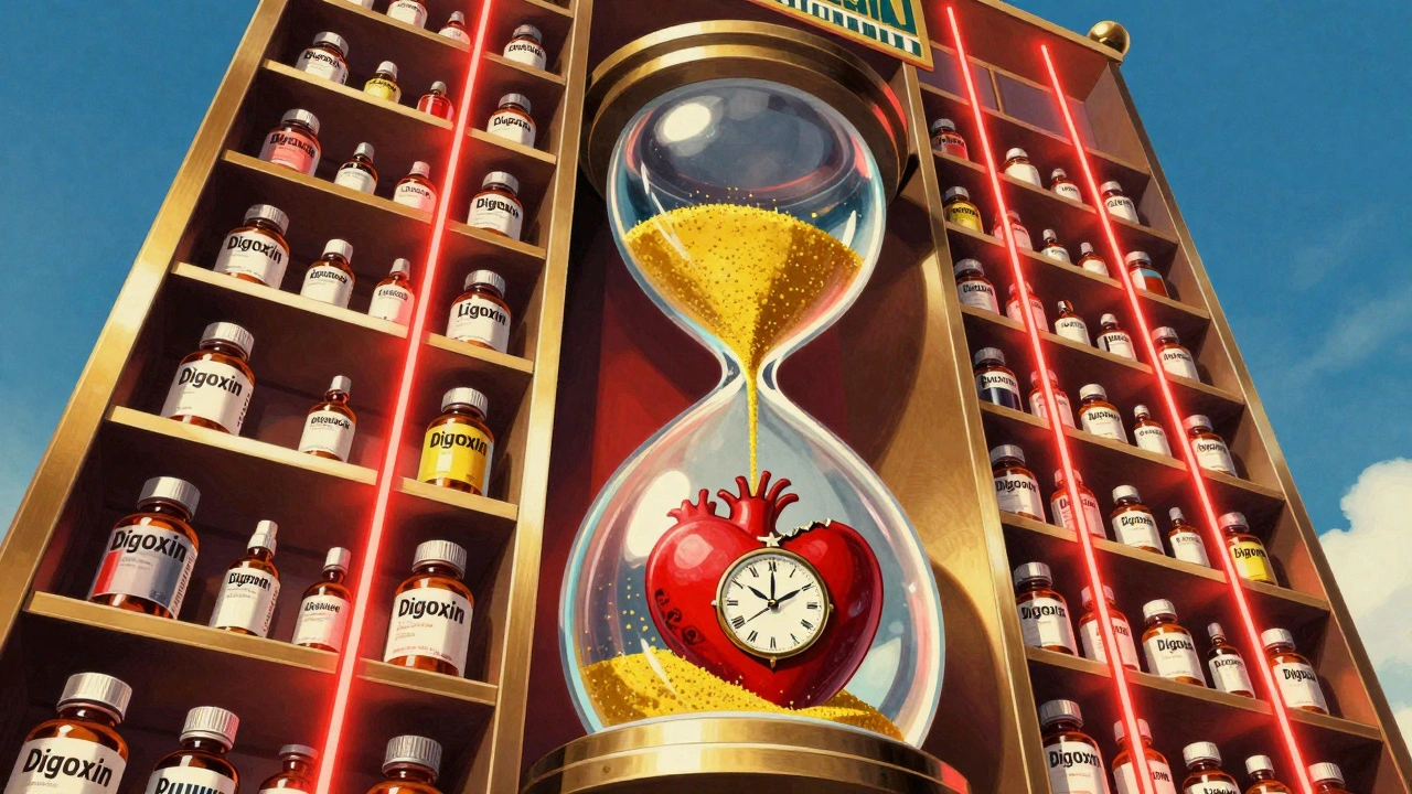 Una scaffalatura farmaceutica con farmaci che irradiano linee rosse verso un orologio a sabbia a forma di cuore.