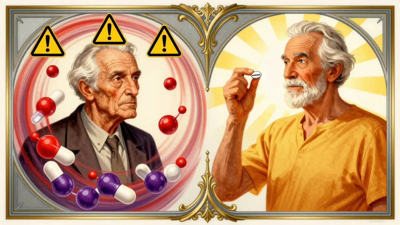 Uomo anziano accanto a pillole pericolose vs uno sano con amlodipina, stile Art Deco.