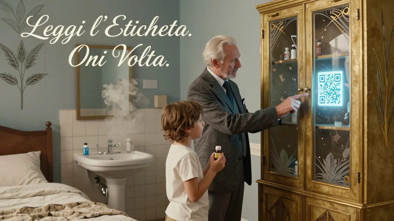Uomo anziano e bambino con farmaci in camera da letto, farmacista indica un codice QR in stile Art Deco.