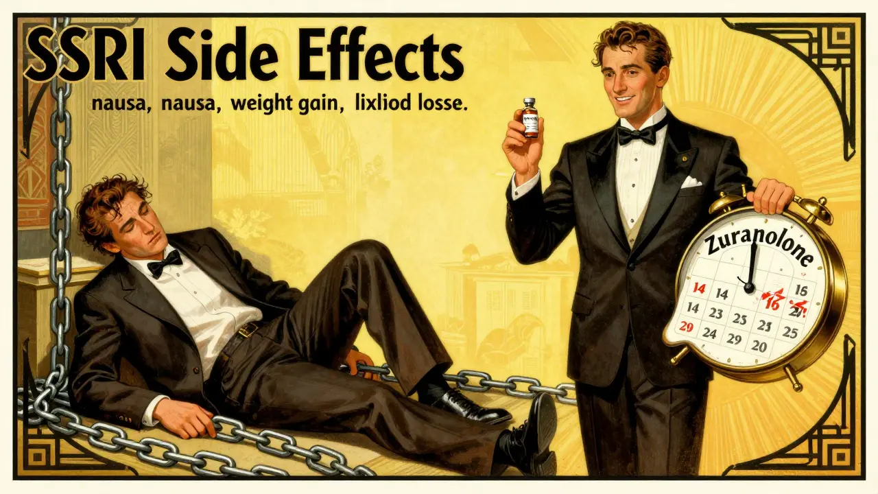 Uomo che passa da un lato oppresso da catene a un lato luminoso con una pillola e un calendario a 14 giorni.