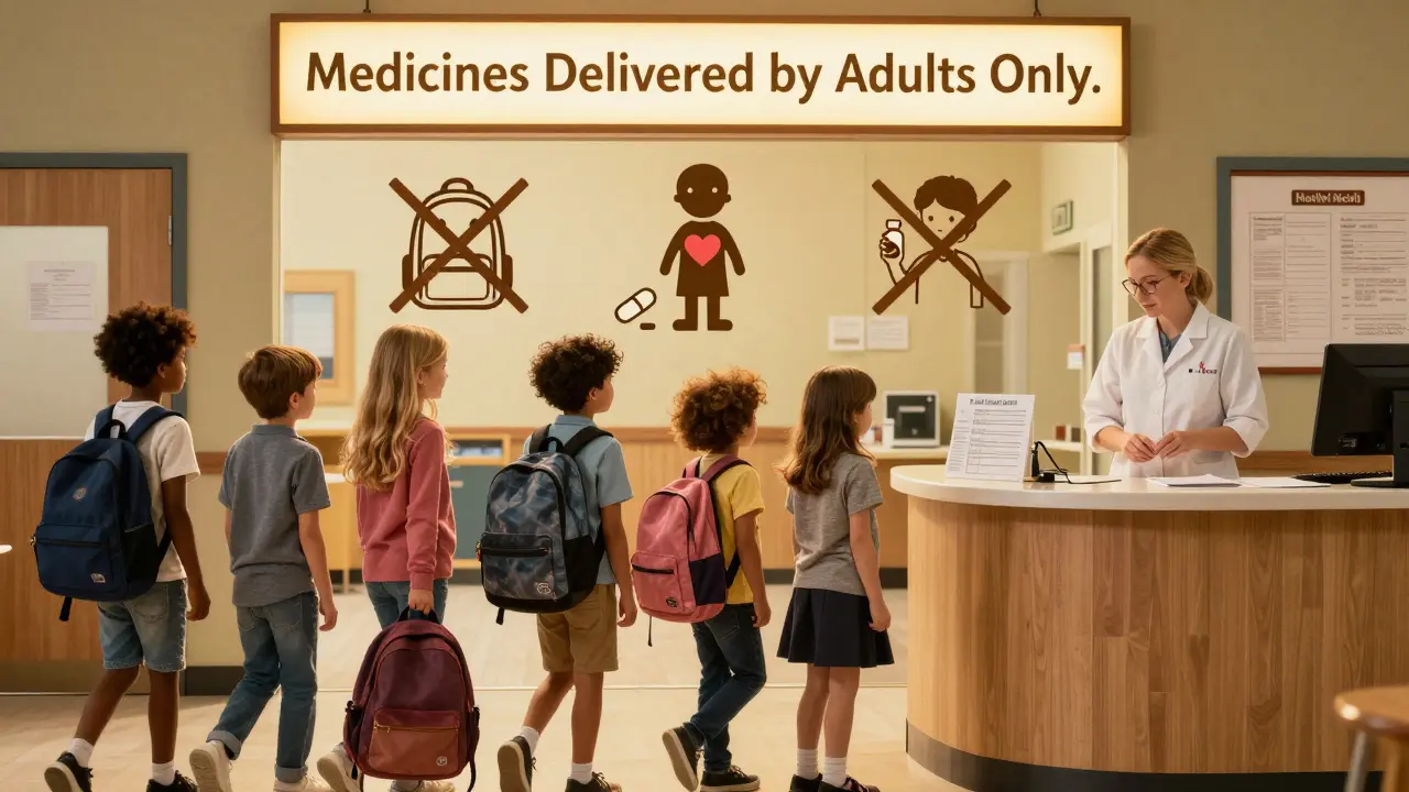 Bambini entrano a scuola con zaini vuoti, segno che i farmaci vengono dati solo dagli adulti.