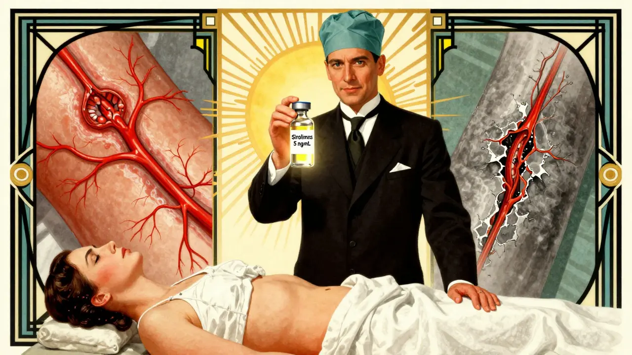 Chirurgo che controlla il livello di sirolimus mentre la ferita guarisce o si complica in due scene contrastanti.