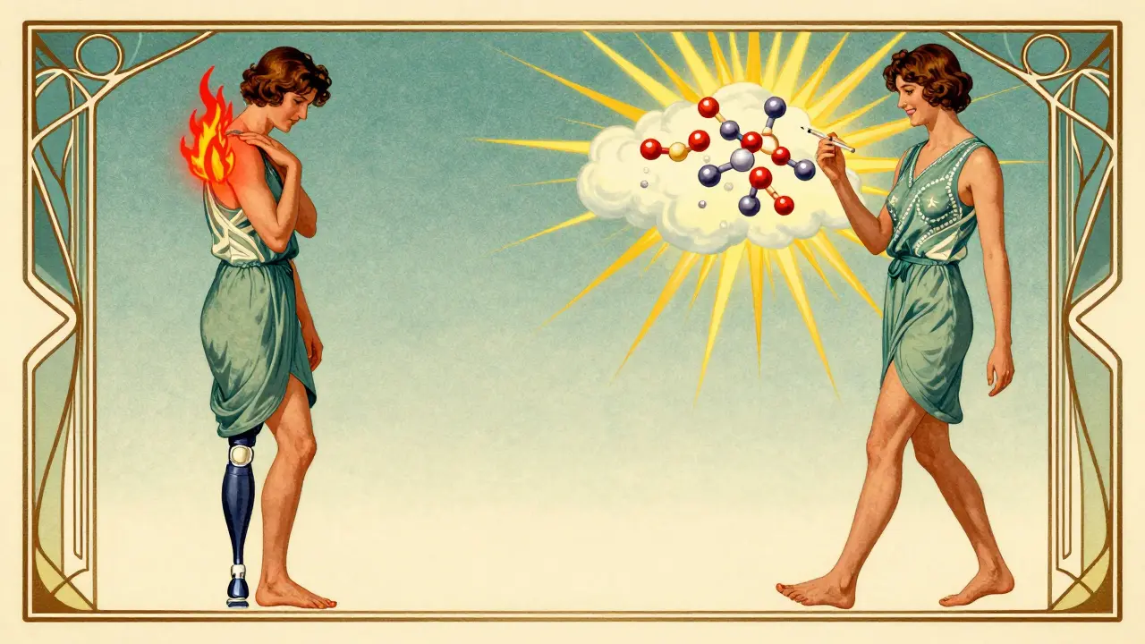 Confronto tra dolore acuto e sollievo dopo un'iniezione, in stile Art Deco.