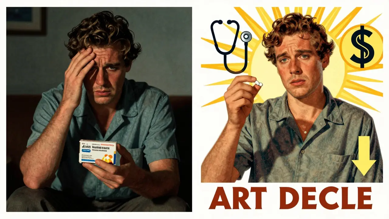 Confronto tra paura e fiducia: un paziente insicuro a sinistra, sereno a destra, con simboli di risparmio e scienza in stile Art Deco.