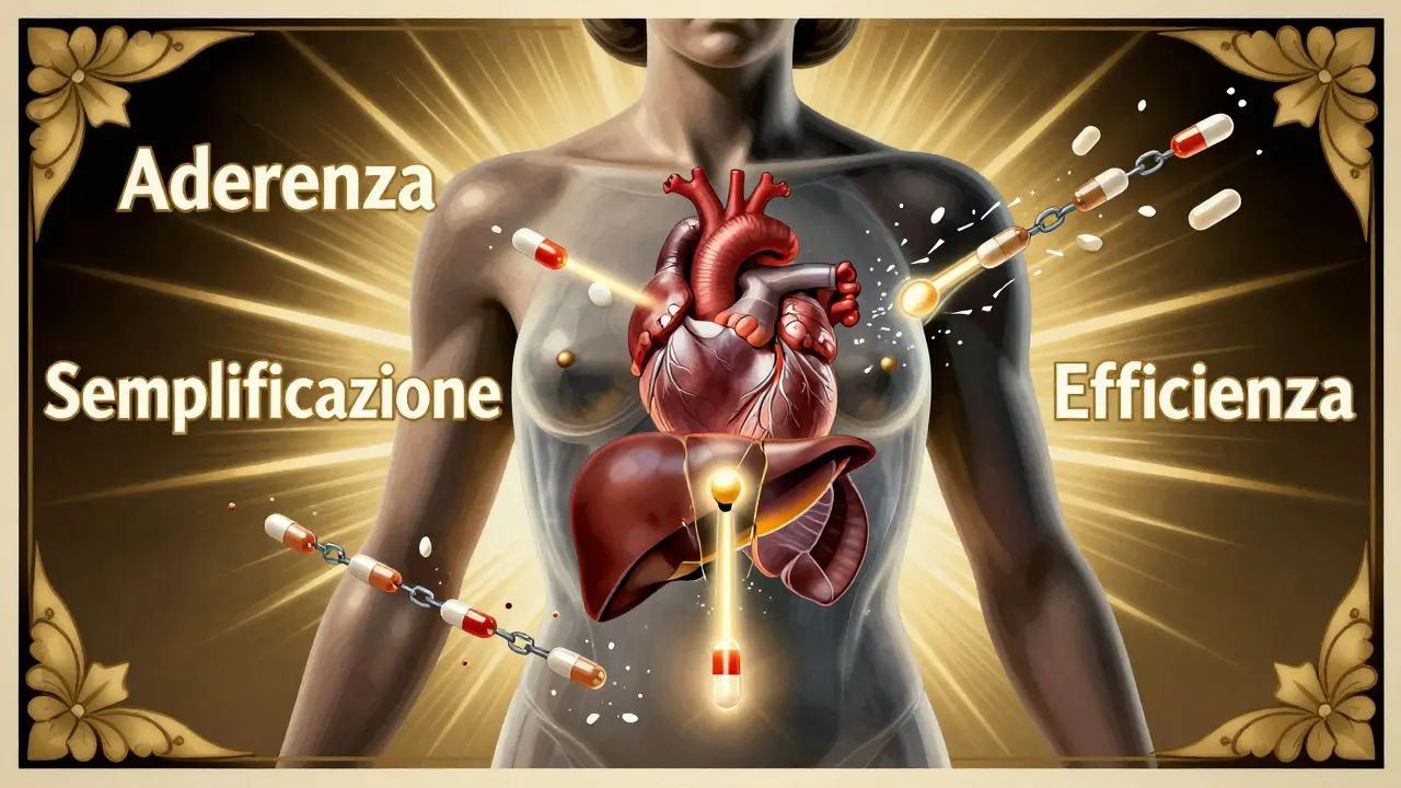 Corpo umano trasparente con organi illuminati da una pillola che distrugge catene di compresse multiple.