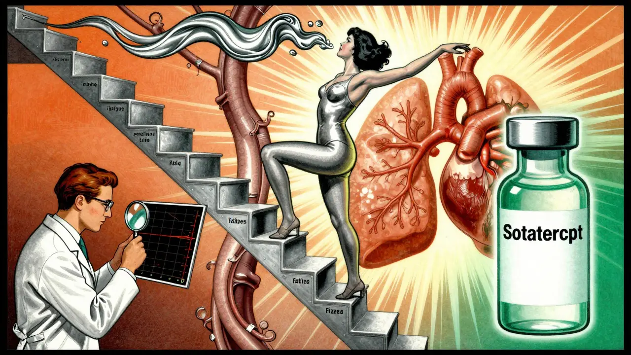 Donna che sale scale trasformate in arterie polmonari, con sintomi visibili e cuore in ombra.