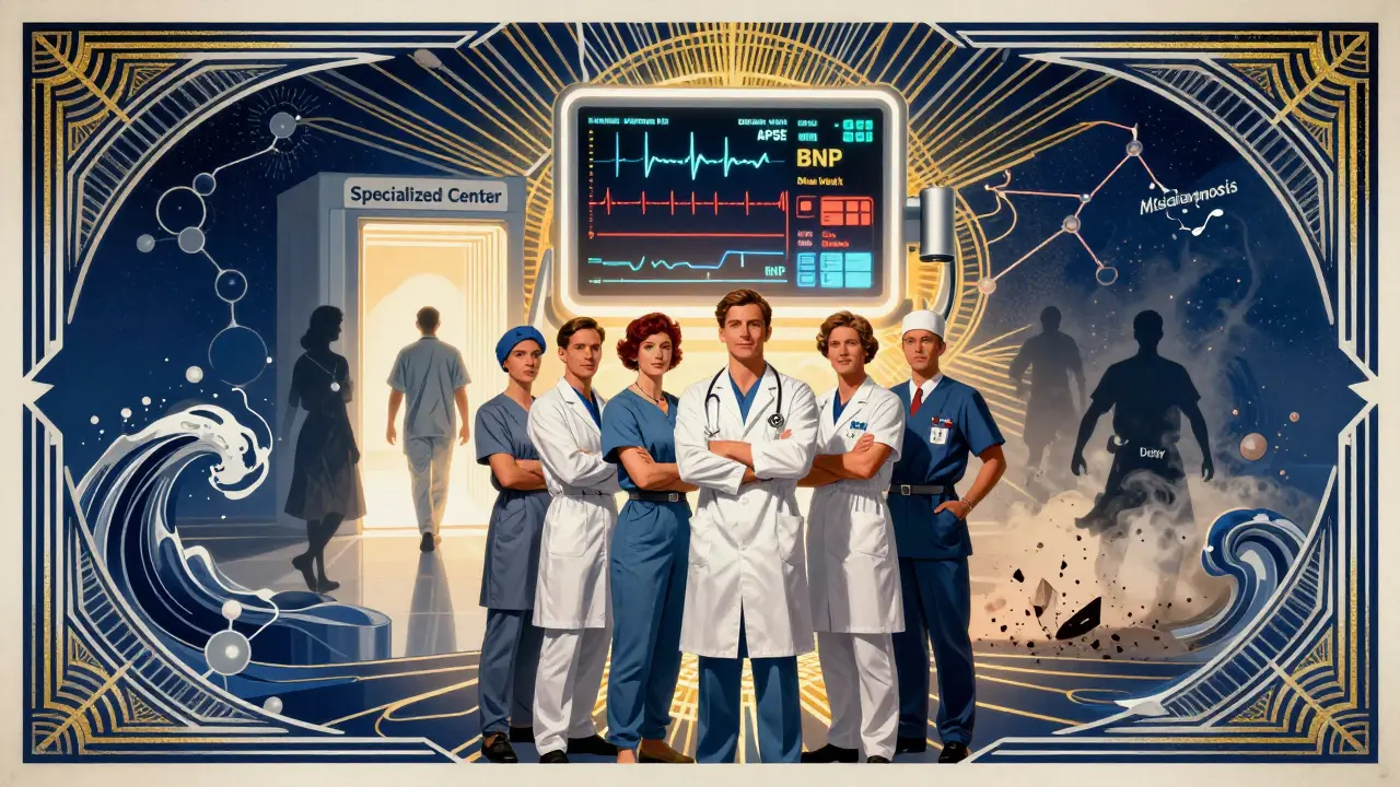 Equipe medica davanti a monitor cardiologici, paziente che avanza verso un centro specializzato.