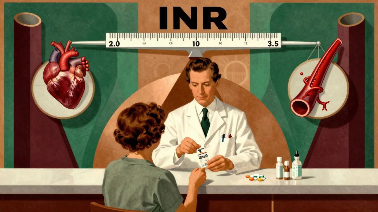 Farmacista che consegna warfarin mentre una bilancia INR equilibra rischi di emorragia e coagulazione.