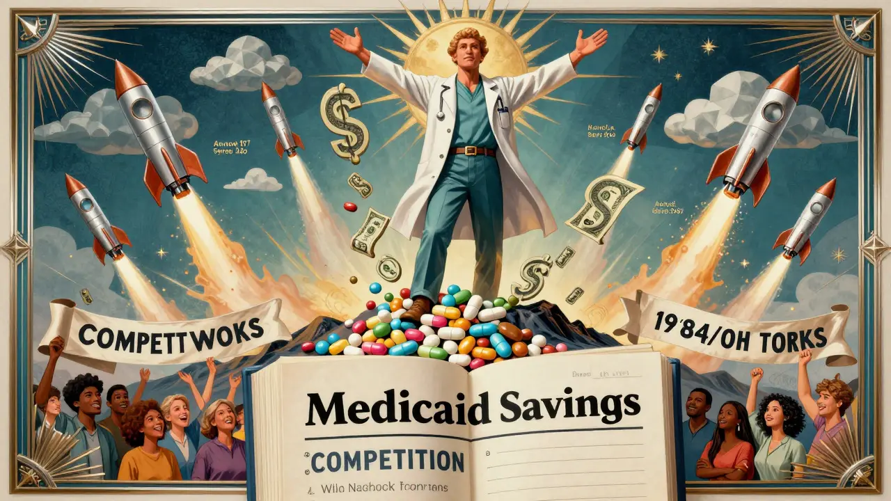 Farmacista eroico su una montagna di pillole, con razzi biosimilari e risparmi che cadono come monetine.