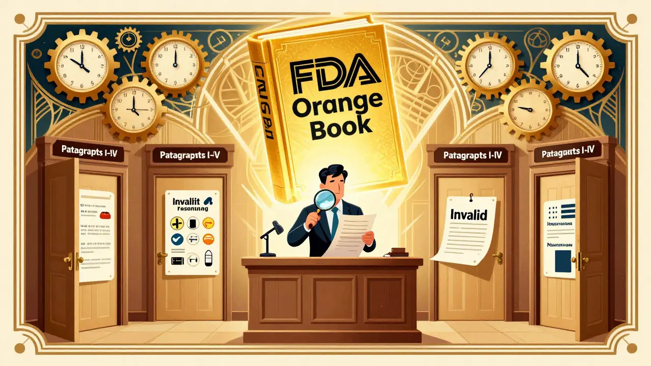 Golden Orange Book floats above a courtroom with four labeled doors representing Paragraph certifications in Art Deco style.